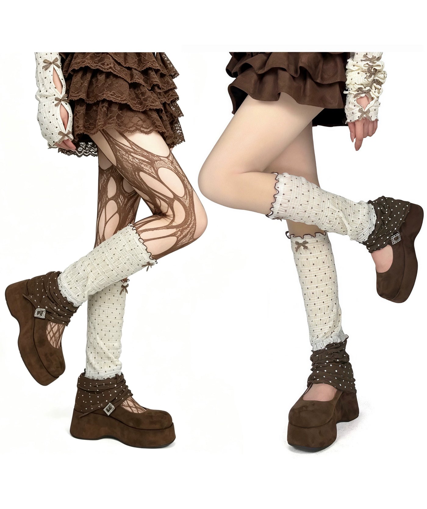 White Socks - Polka-Dot Bow - Mesh leg covers with bows and ruffled edges