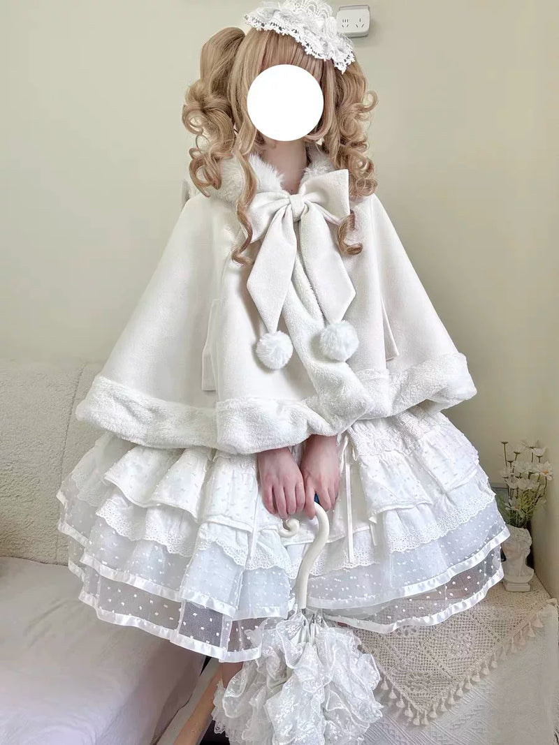 Bunny-Ear Plush Cropped Lolita Cape — Ivory