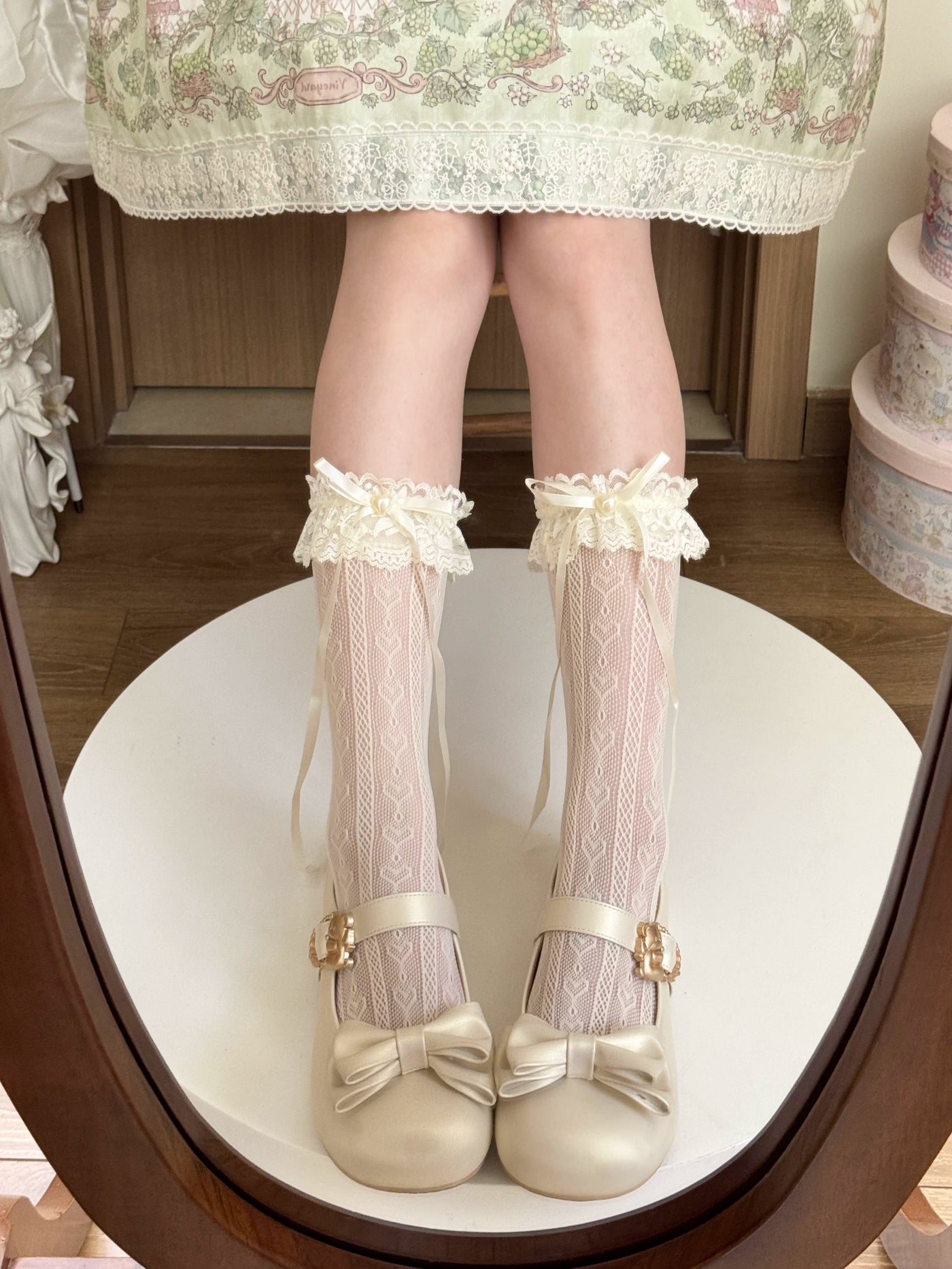 Fantasy Doll - Ribbon Lace - Yellow Mid-Calf Socks with Lace Cuffs
