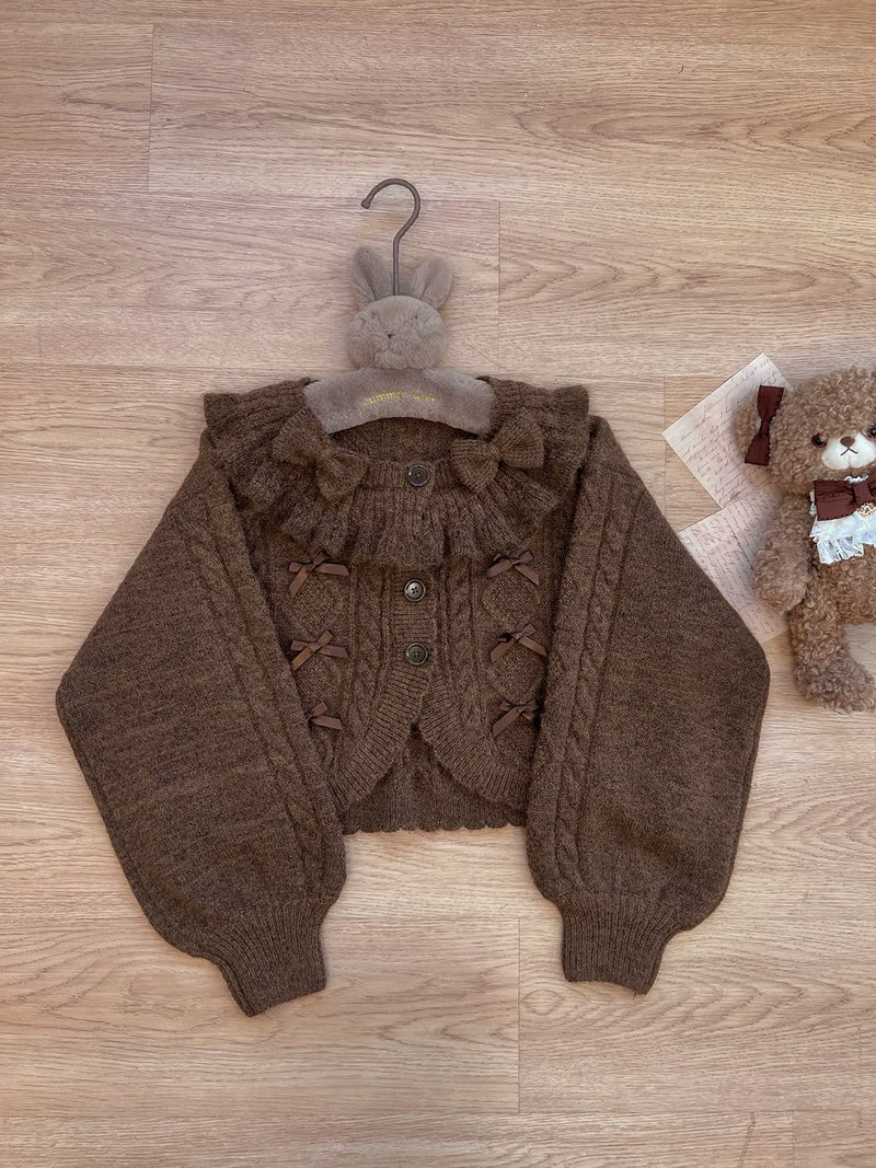 Tan Tuan Napoleon Pastry Bow Balloon-Sleeve Cardigan — Chocolate