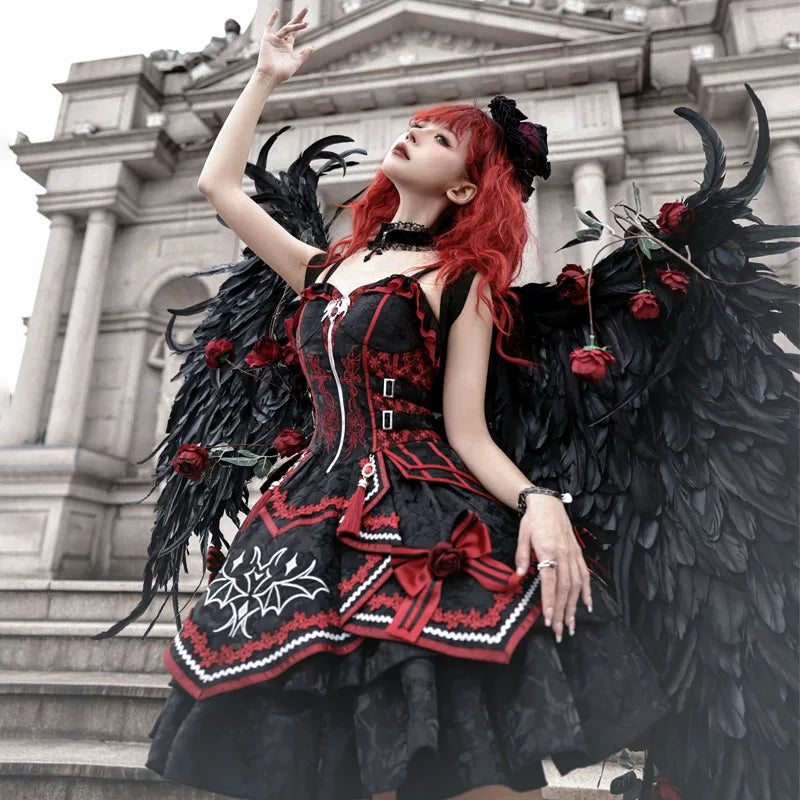 Leopard Cat Gothic JSK dress by Lolita Fetch featuring a dark leopard print and elegant design, perfect for gothic fashion.