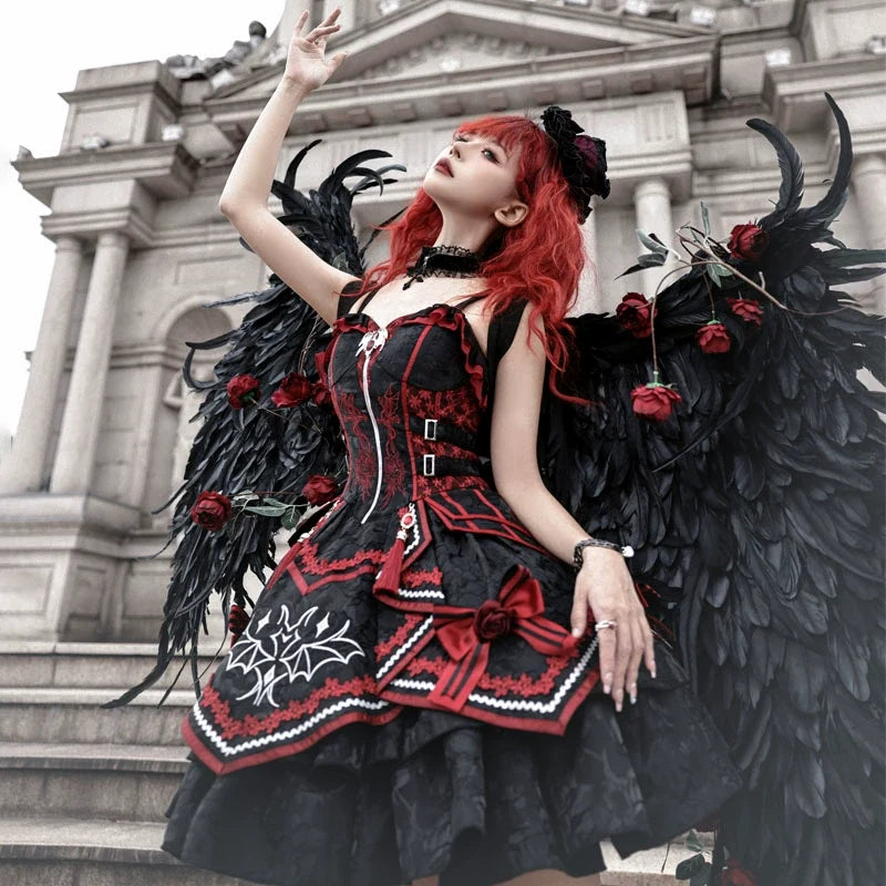 OCELOT - Dark Bat Motion - Black-and-Red Gothic Lolita JSK Dress with rose and cross embroidery - product detail 3