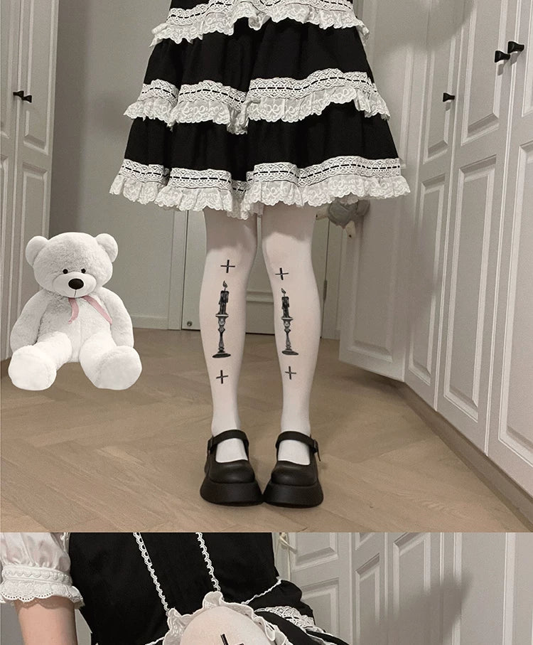 roji roji - Prayer Candle - 80D Printed Tights with Cross and Candle Motifs
