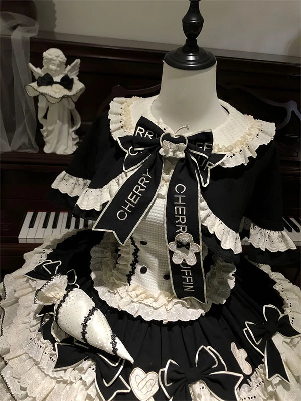 Creamy - Noir Ruffle - Black JSK Dress with Cape