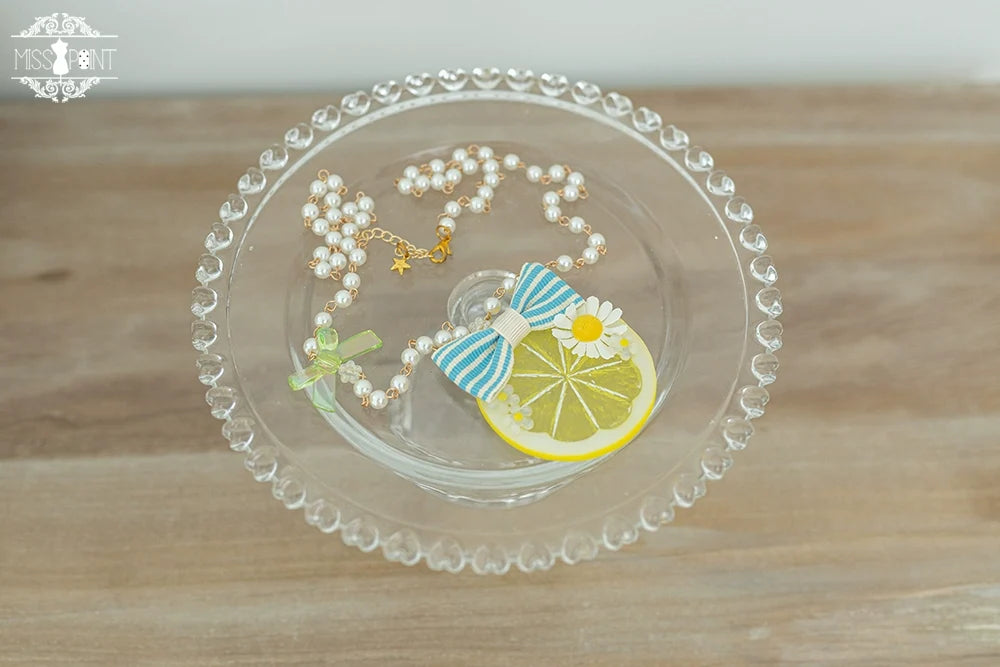 Daisy Lemon - Kawaii Lolita Lemon and Flowers Accessory large lemon bow necklace-blue