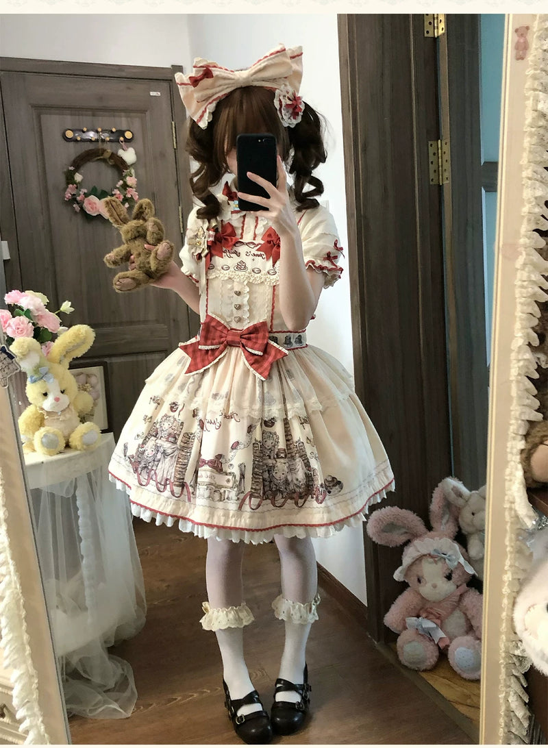 DayRabbit - Muffin Postman - Blue or Beige OP and Pinafore Dresses with Detachable Bows