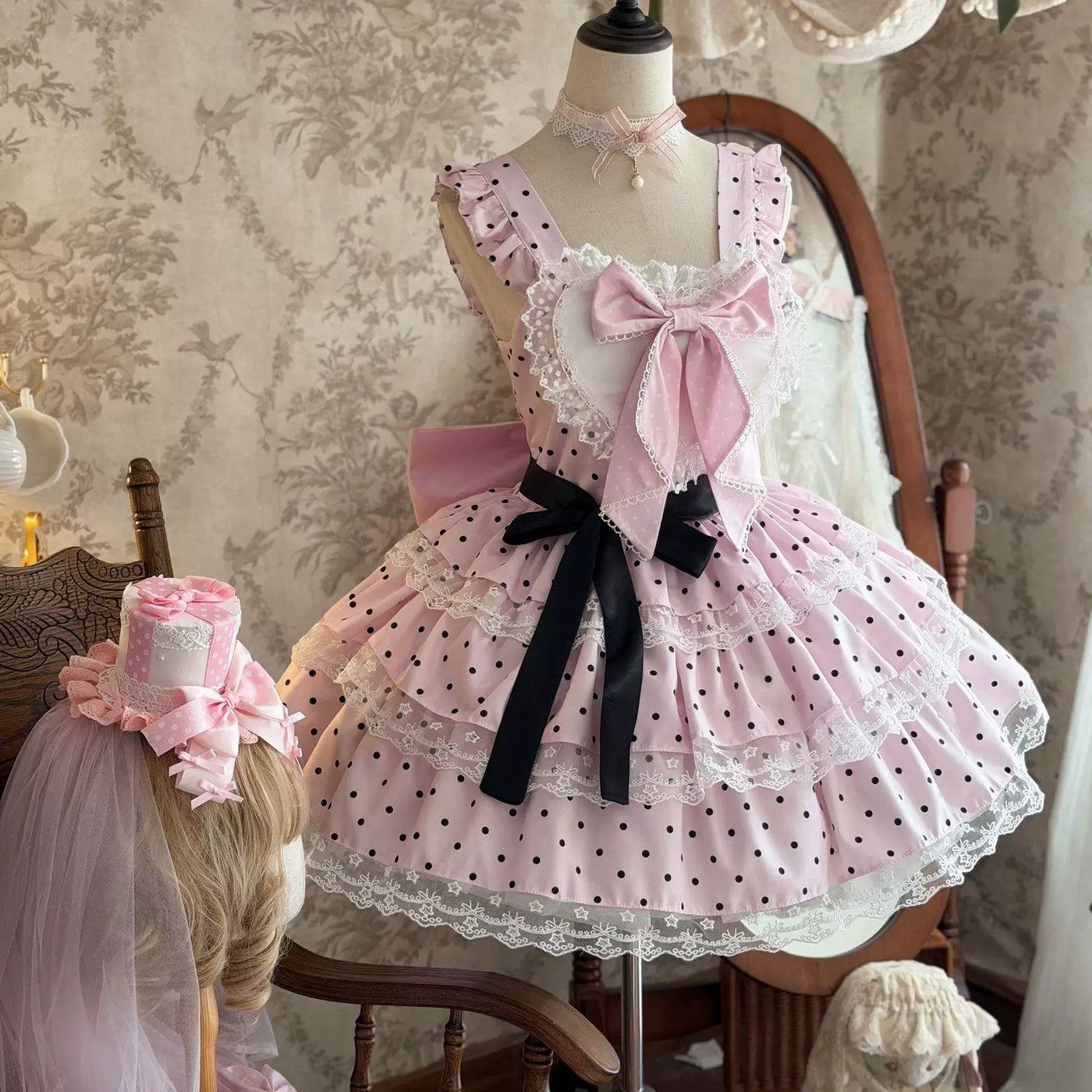 Sweetheart Dream Machine - Cream Ballet - JSK dress with black polka dots