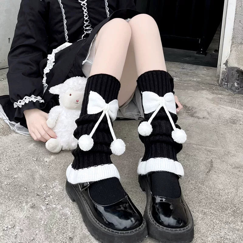 Floral Milk Cat - Bow Pom-Pom - Calf-Length Knit Slouch Socks with Lettuce Edges