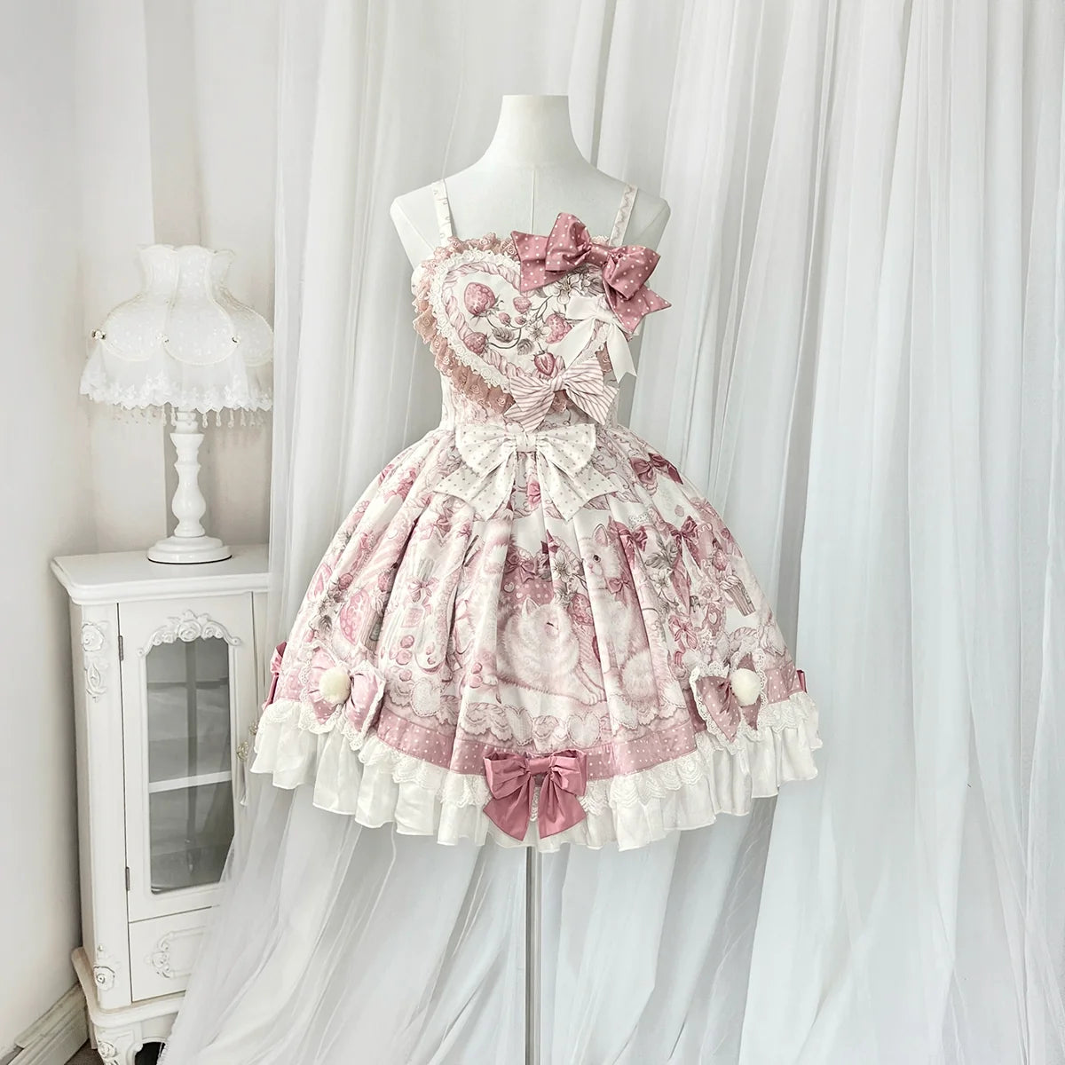 Matutu - Dessert Catlets - Sweet Lolita JSK dress and faux-fur collar cape set with cat and strawberry prints - product detail 4