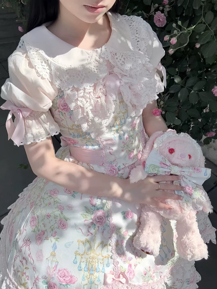 Tata Long Ear - Spring 2025 Floral Wall - Floral Print JSK Dress with Layered Lace Ruffles