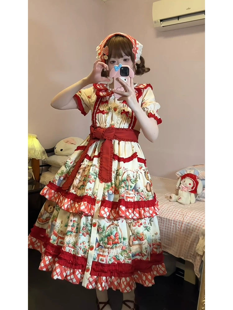 Dream Bunny - December Strawberry Field - Strawberry-Print One-Piece Dress with Red Gingham Ruffles