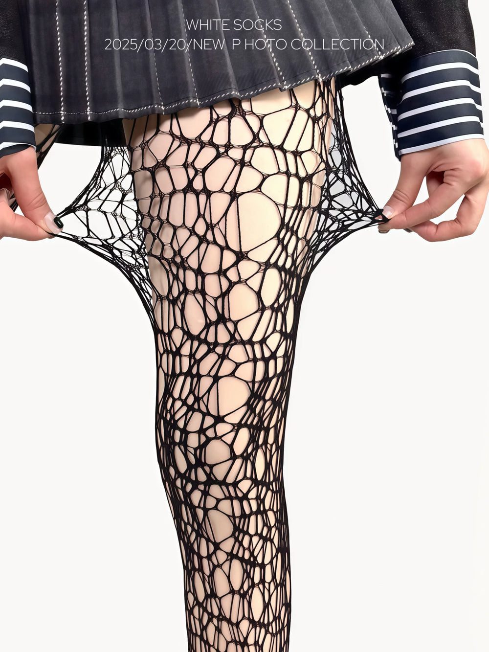 White sheer fishnet tights with large geometric cutout pattern