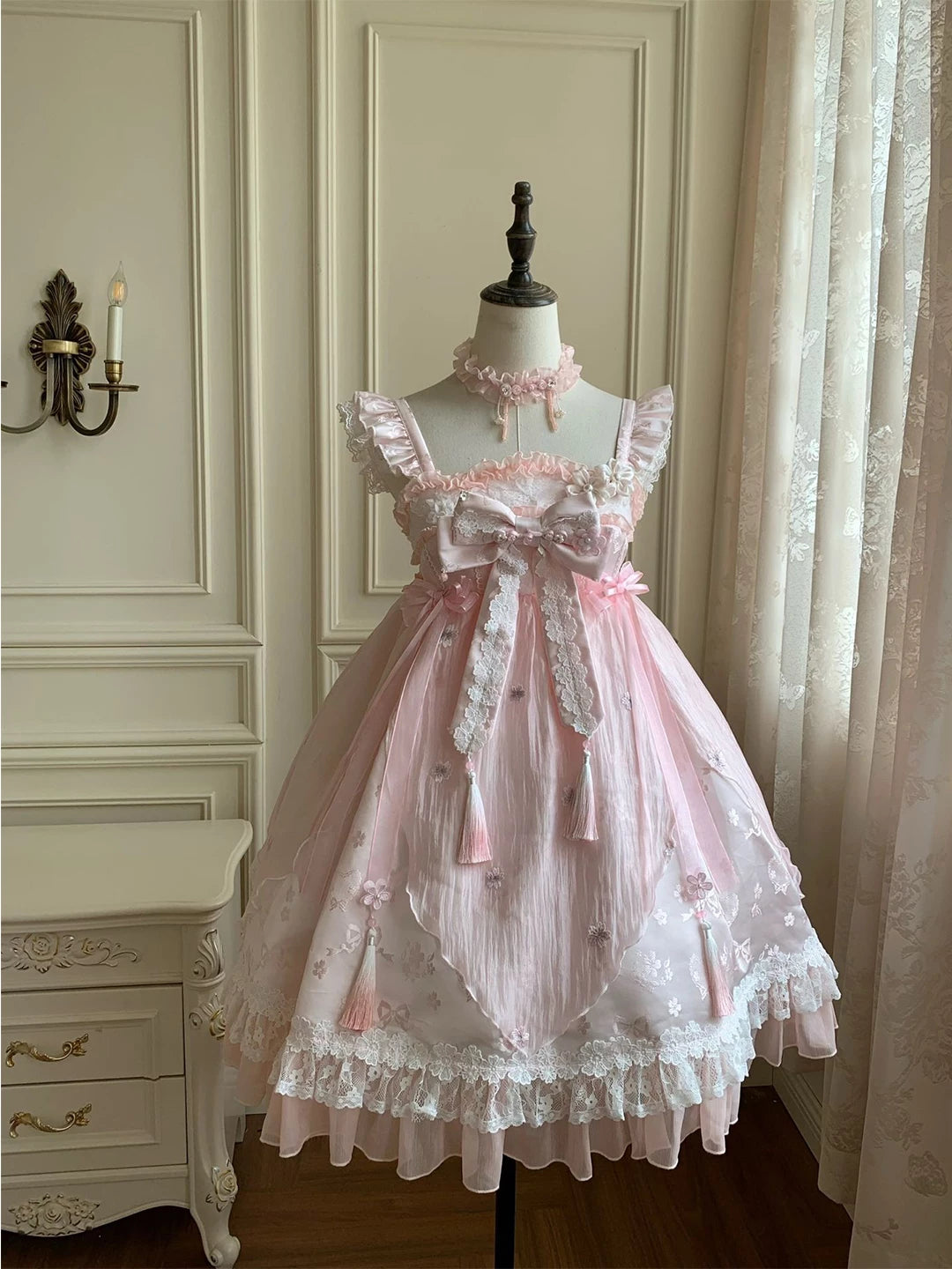 Creamy - Cherry Blossom Sweet - Pink High-Waisted JSK Dress with Floral Lace