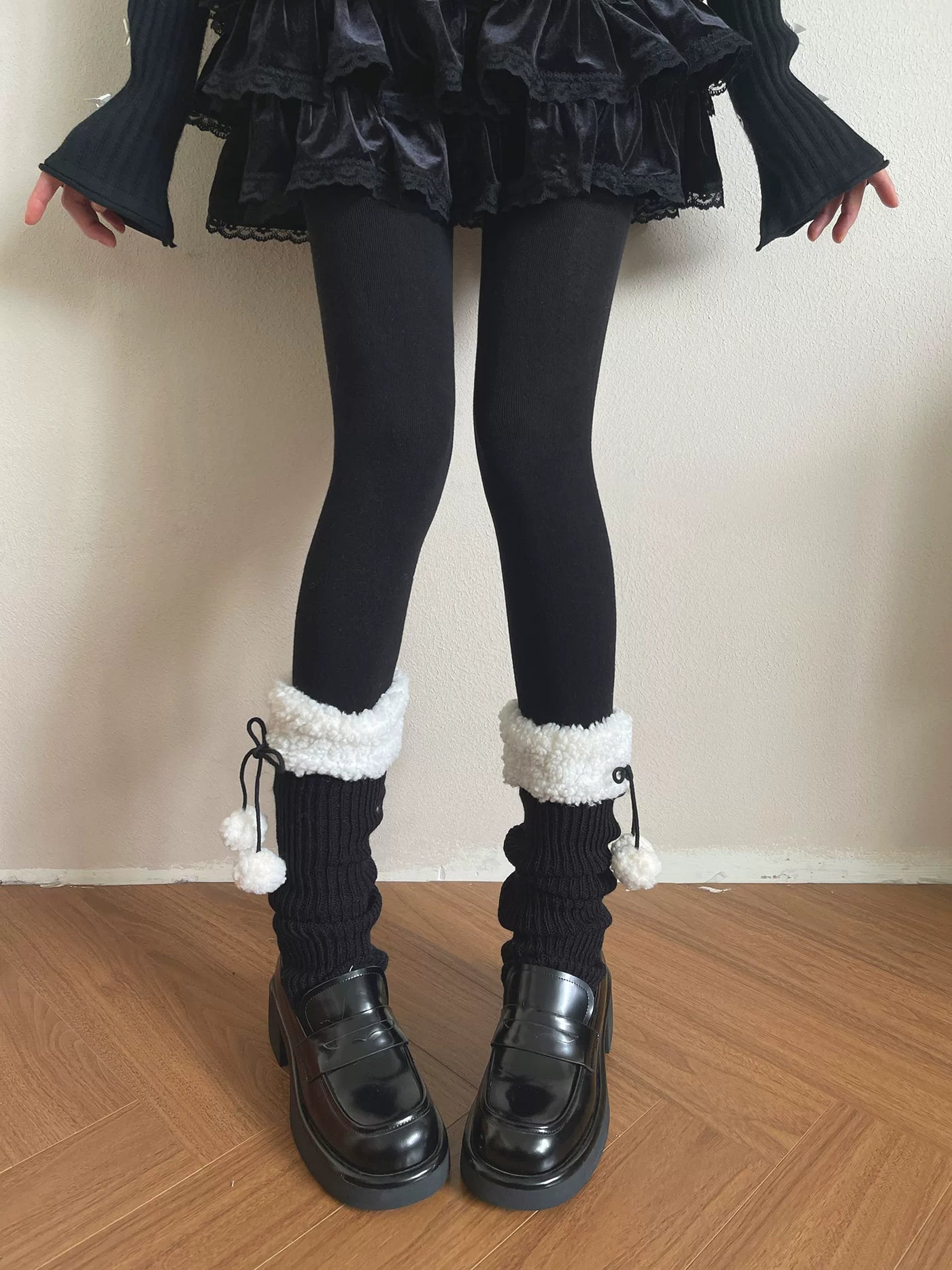 Sock Noble - Winter Pom-Pom - Knit Leg Warmers with Lace and Fluffy Foldover Trim