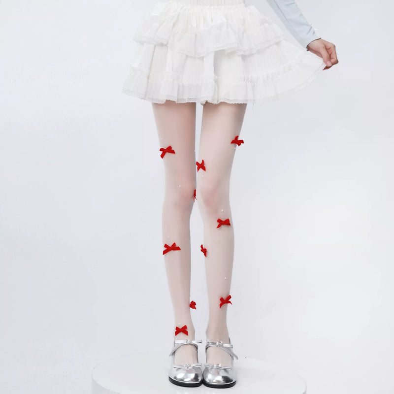 Fantasy Doll - Pearl Bow - Milk-White Pantyhose with Scattered Bows and Pearl Details