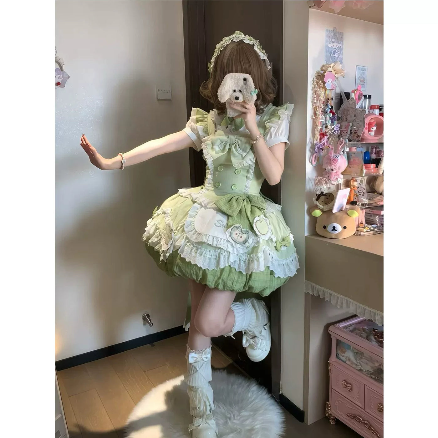 Creamy - Green Apple - Complete Lolita Dress Set with a Bow and Large Train