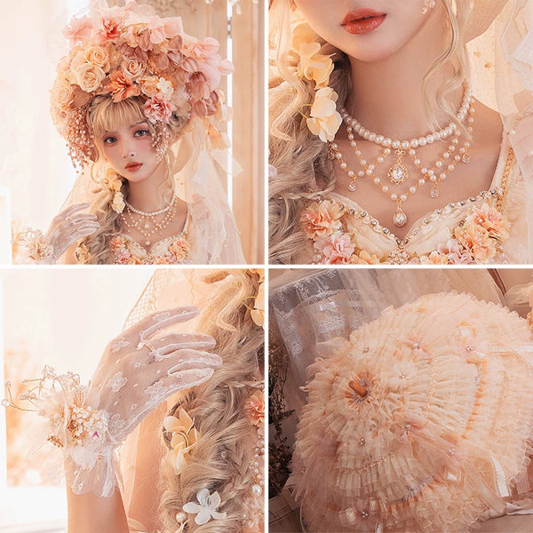Apricot bonnet with attached sheer veil from the Gilded Gem Lolita accessory line