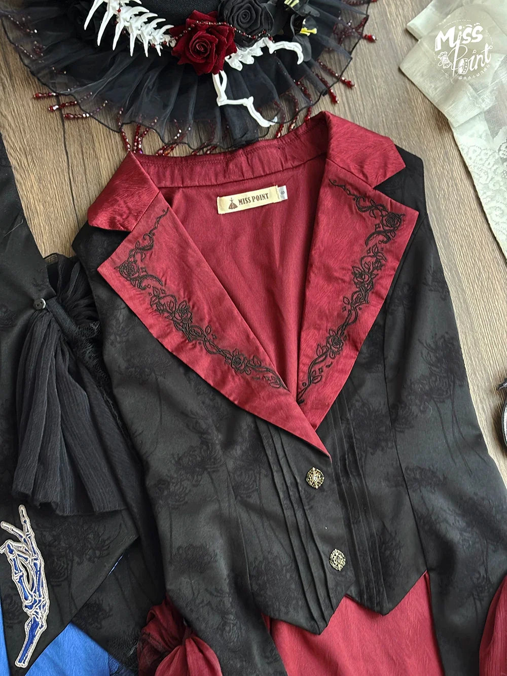 Moonnight Return - Gothic Lolita Long Vest, Embroidered Collar Red Vest Only XS