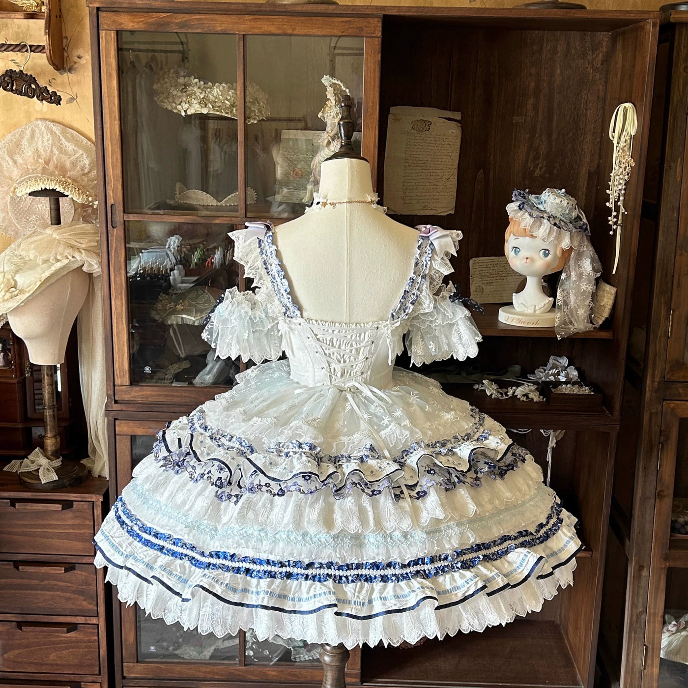 Alice - Snow Country Blue Glaze - OP Dress with Porcelain-Inspired Floral Trim