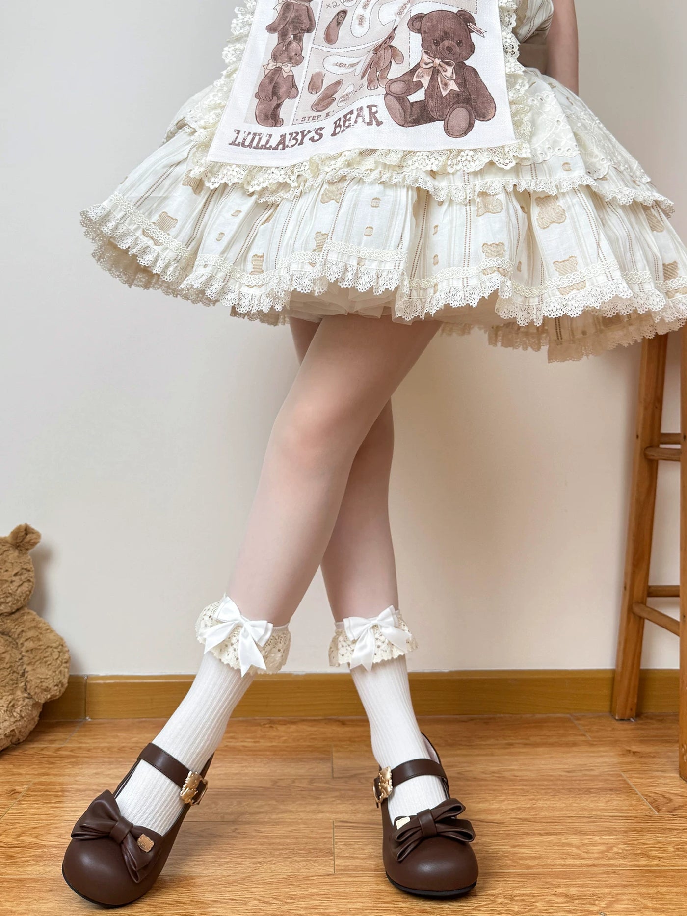 Chubby Bear Tales - Antique Doll - Double-Bow Teddy Bear Motif Socks