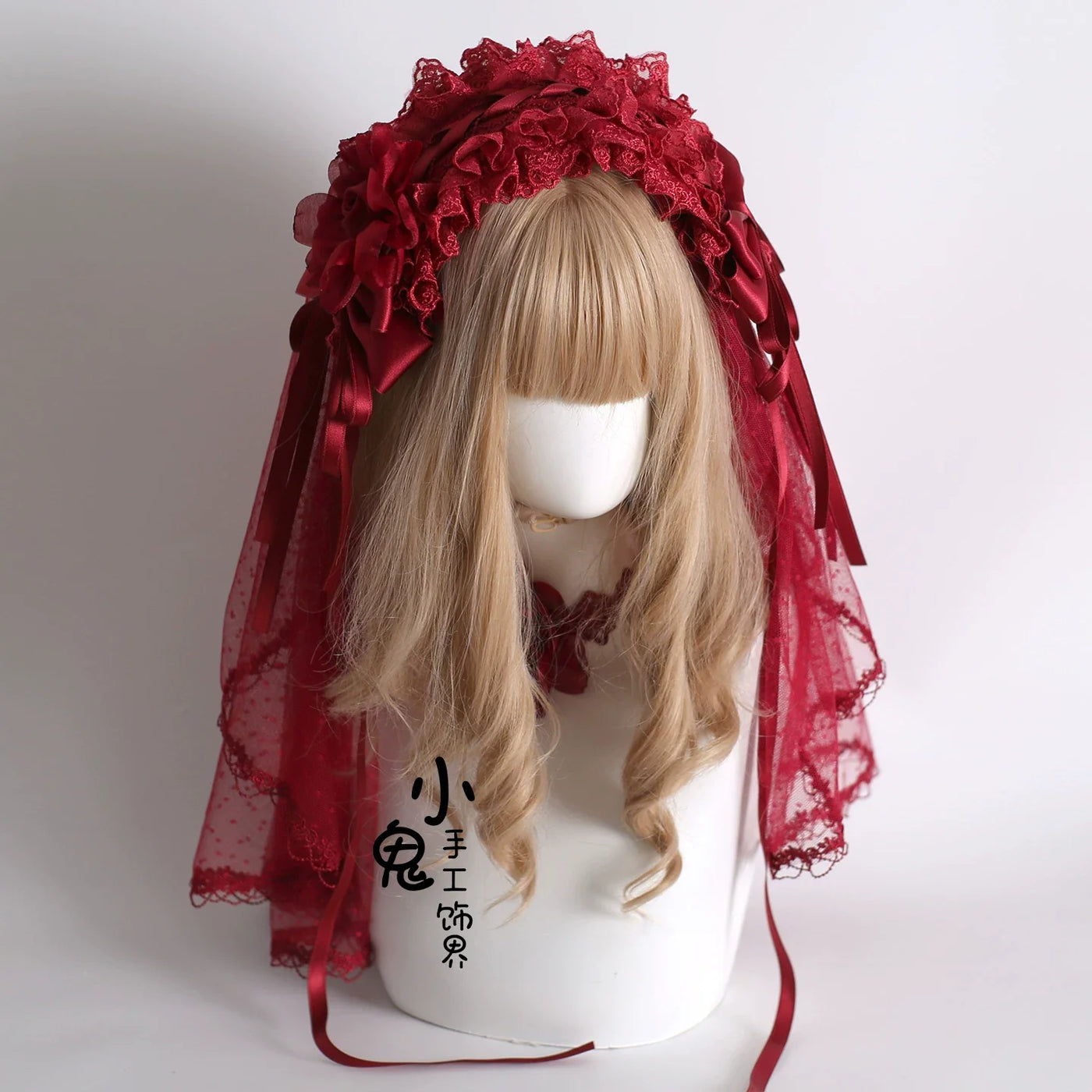 Xiaogui - Dark Red Gorgeous Headdress - Floral Veils Headwear