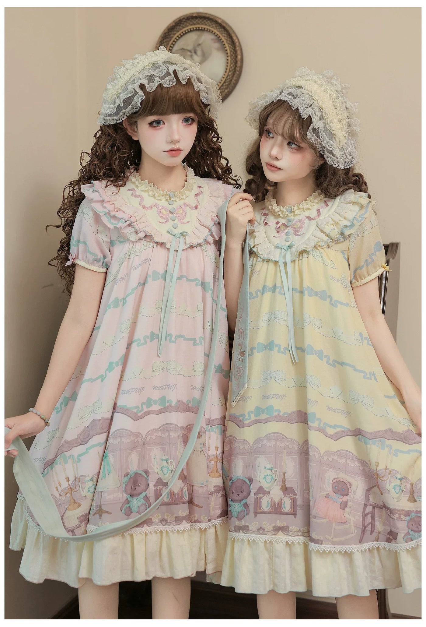 With PUJI - Brown Dollhouse SP - Kawaii Lolita Dollhouse Printed OP Dress with Embroidery