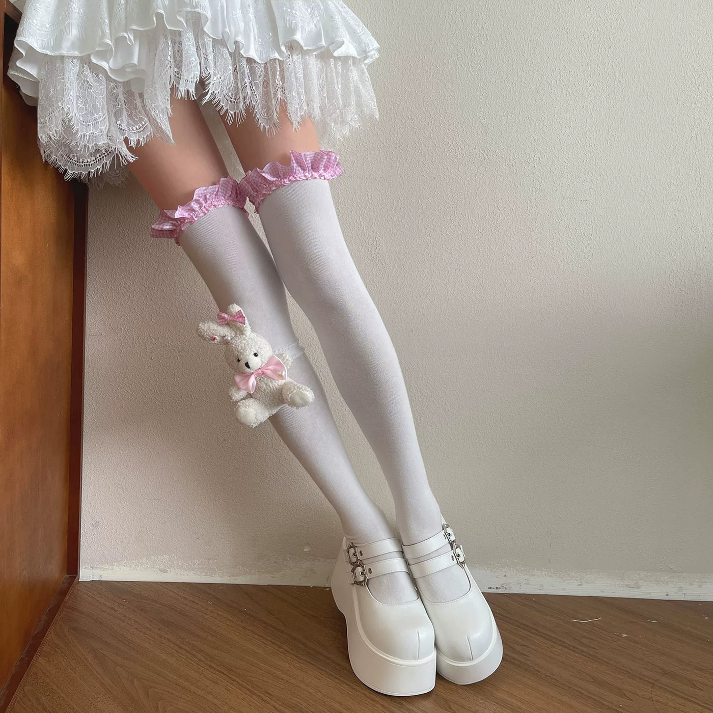 Sock Noble - Dreamy Rabbit - Plaid Lace-Trimmed Over-the-Knee Socks with Leg-Ring Options