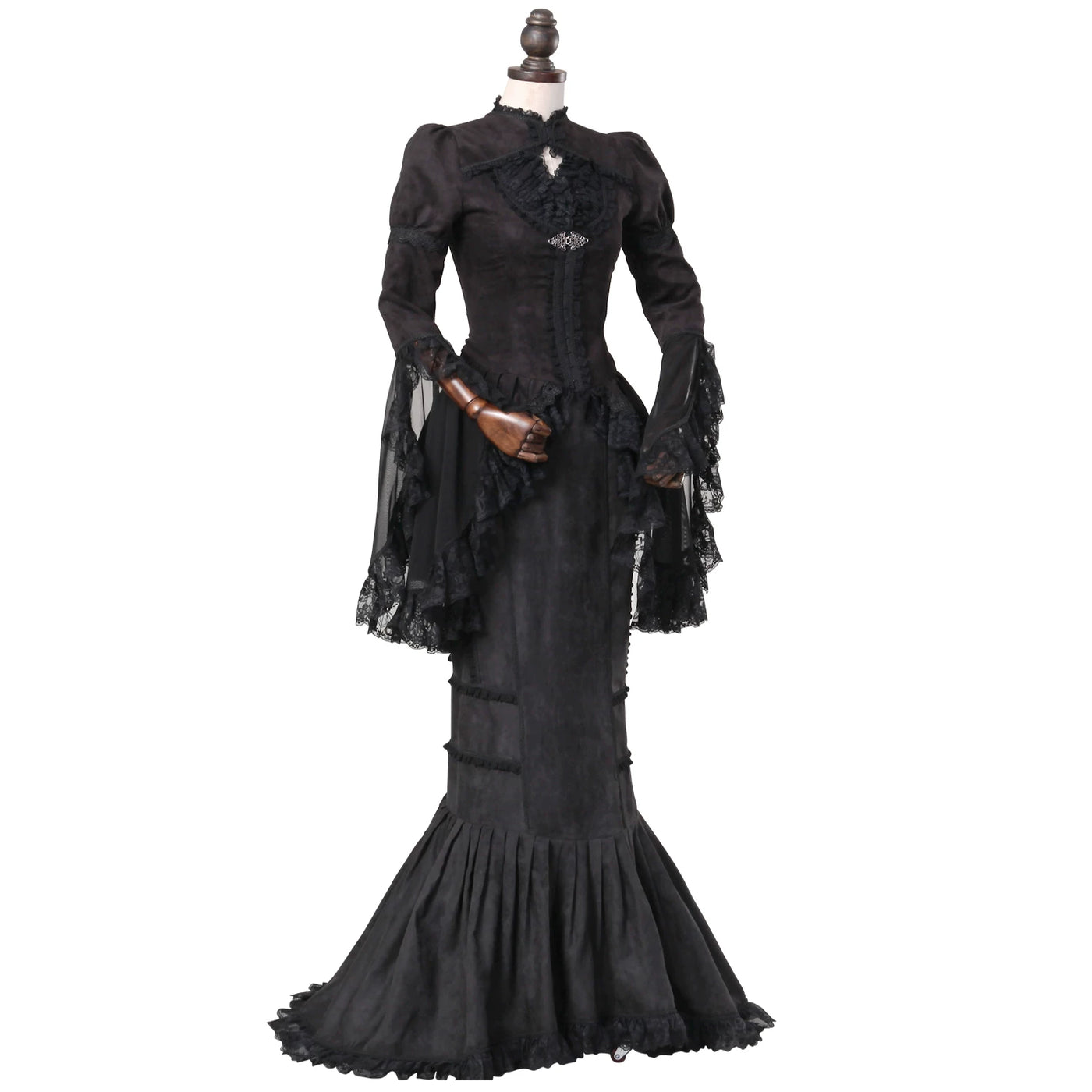 LACE GARDEN - Dark Lace - Black Mesh Outerwear and Mermaid Skirt Set with Lace Trim