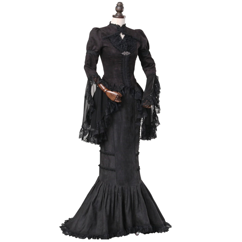 LACE GARDEN - Dark Lace - Black Mesh Outerwear and Mermaid Skirt Set with Lace Trim