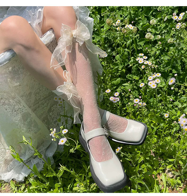 Sock Noble - Garden Ribbon - Mid-Calf Socks with a Floral Pattern and Sheer Bows