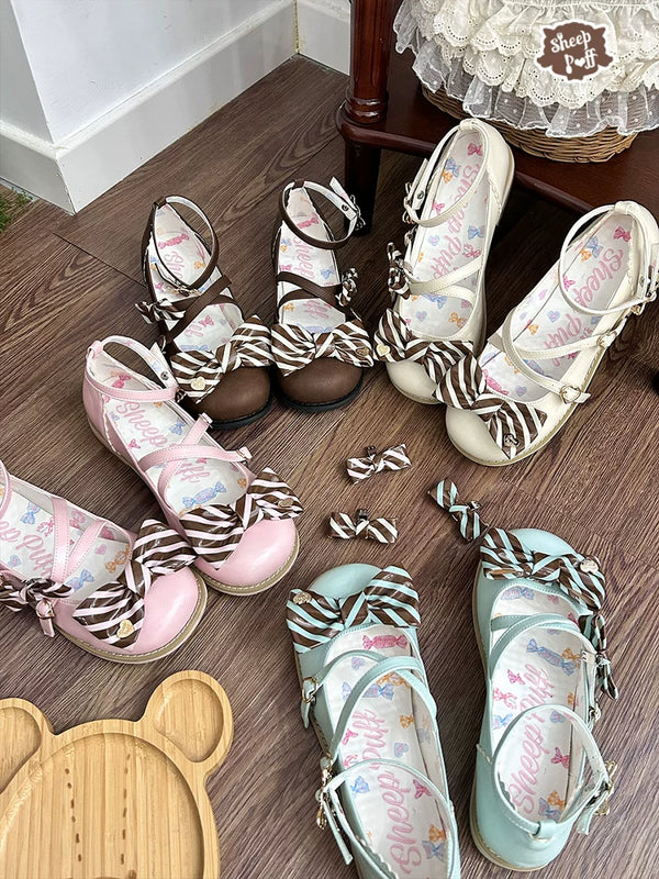 Sheep Puff Candy Tea 2.0 Chocolate Lolita Shoes featuring cute sheep puff details and a glossy finish.