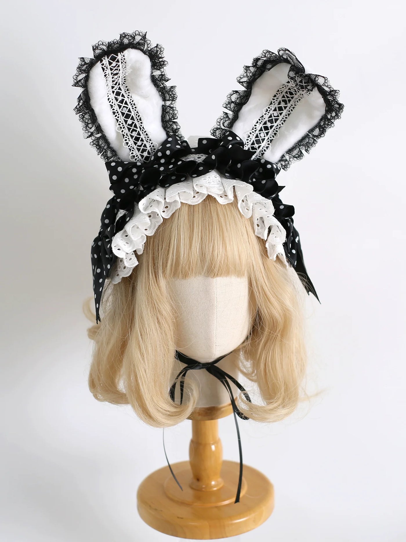Xiaogui - Sweet Lolita Polka Dot Lace Hairband, Shapeable Bunny Ears Black
