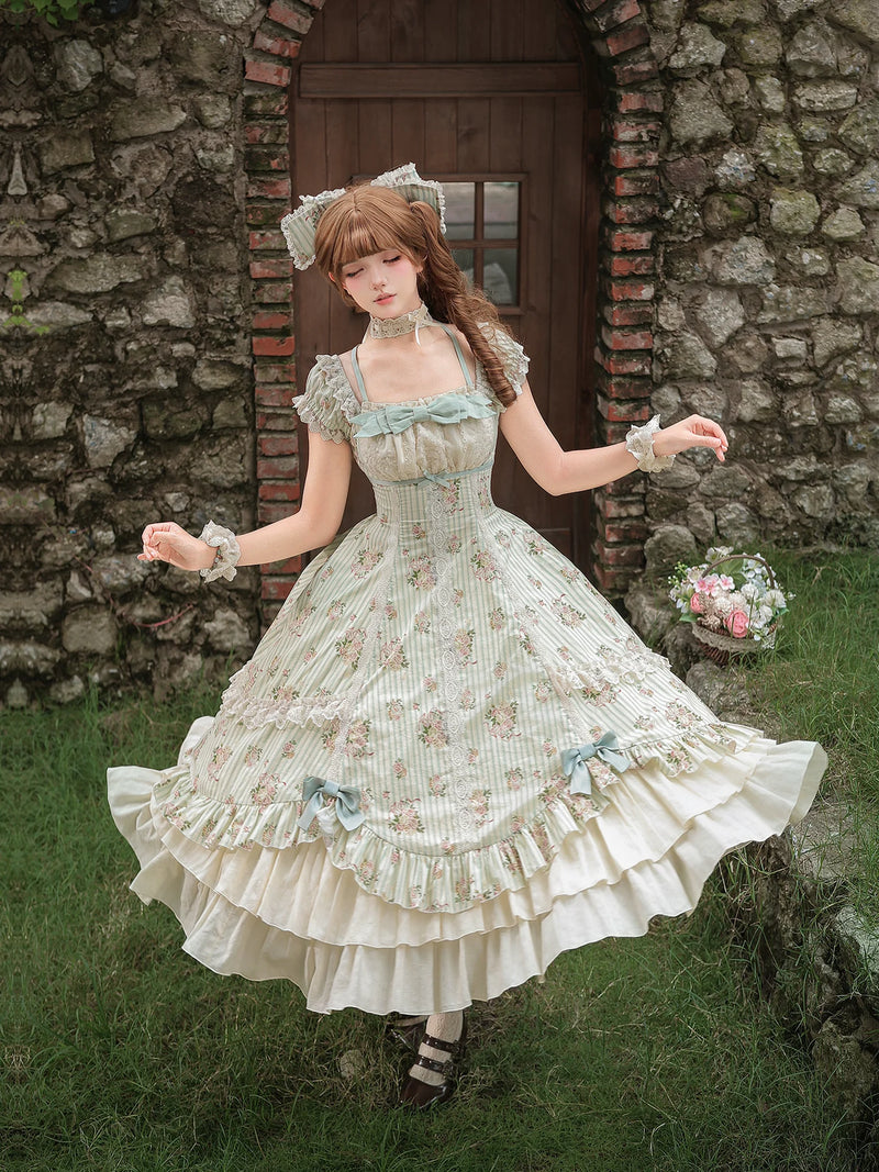 With PUJI - Meeting Austen - Cotton Classic Lolita Rose Printed OP Dress detail view 4