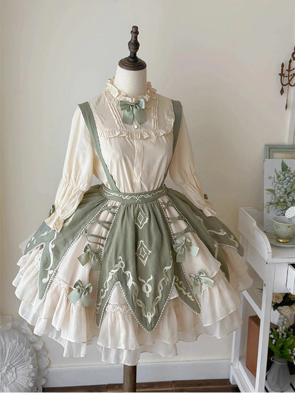 Creamy - Pastoral Garden - Vest, Shirt and Short Skirt Set with Sage-Green Panels