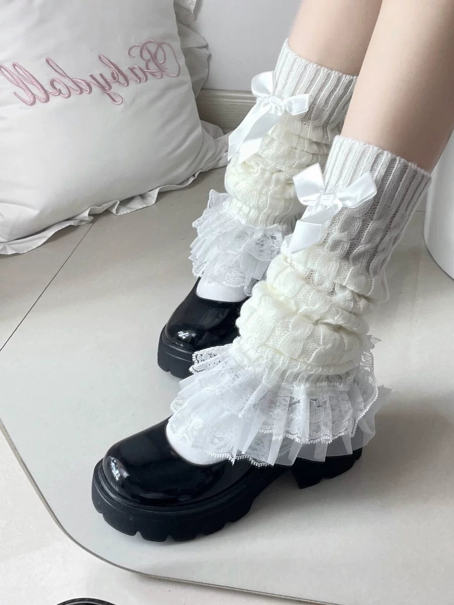 Fantasy Doll - Bowed Lace Layers - Knit Mid-Calf Leg Warmers with Lace Ruffles and Bows