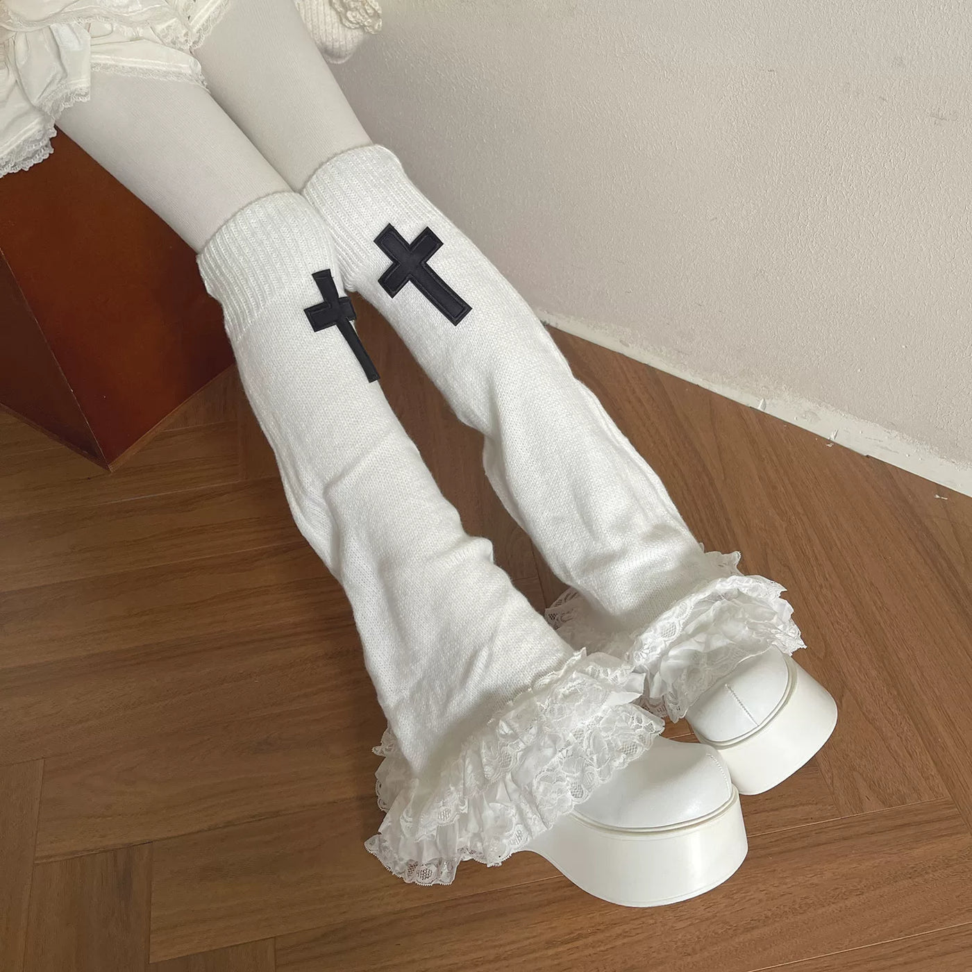 Sock Noble - Gothic Cross - White Knit Sock Covers and Tights with Black Cross Motifs