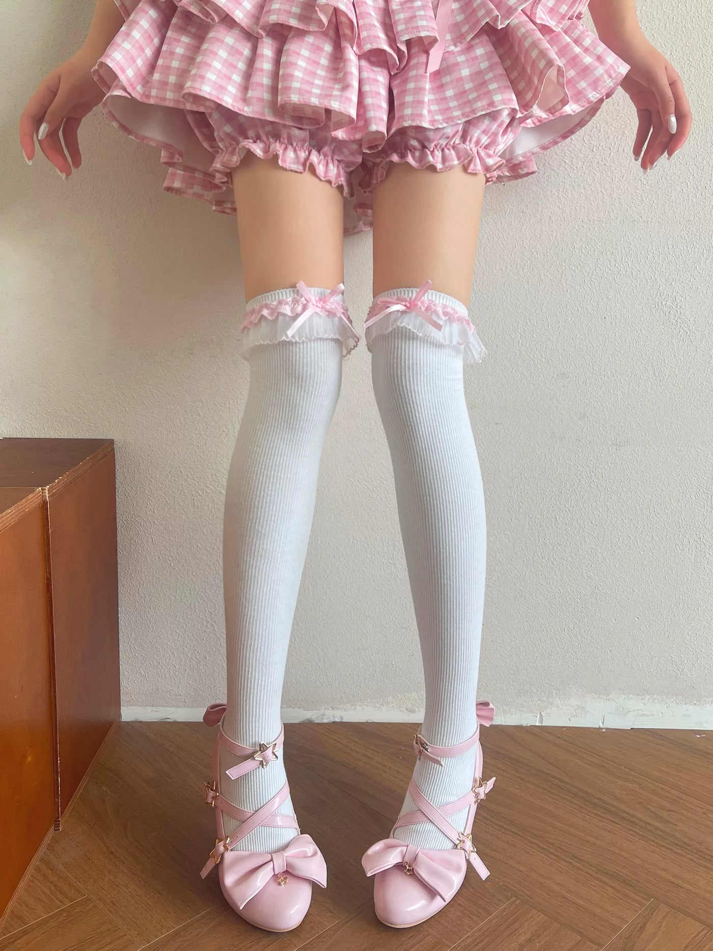 Sock Noble - Double-Layer Lace Bow - Cotton Over-the-Knee Socks with Mesh Lace Trim