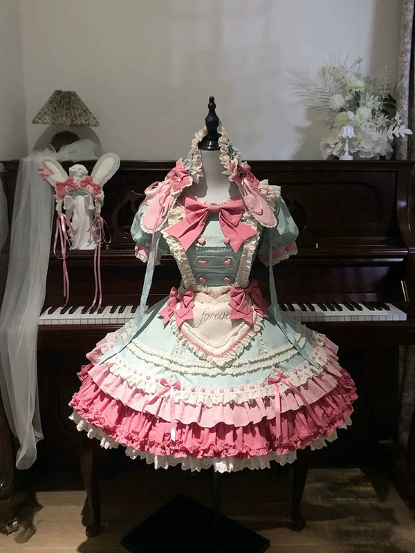 White Sugar Girl - Sweet Lolita Bunny Dress - Pastel mint and pink