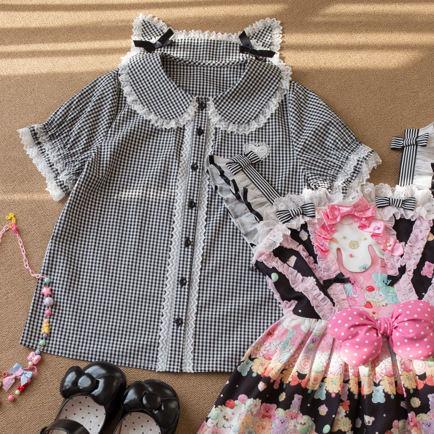 MIST - Kawaii Plaid - Lolita Blouse with Cat-Ear Peter Pan Collar and Lace Trim