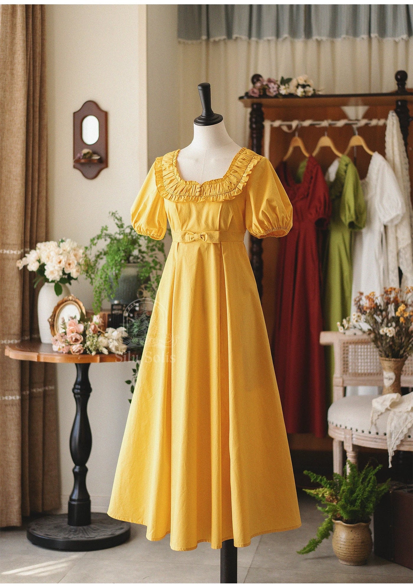 Morning Forest - Cotton Empire Waist OP Dress with Built-in Bra Pads Yellow S