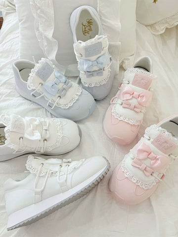 Sheep Puff Thousand Bow Lolita Sneakers featuring cute sheep puff design, white shoes with colorful bows and playful style.
