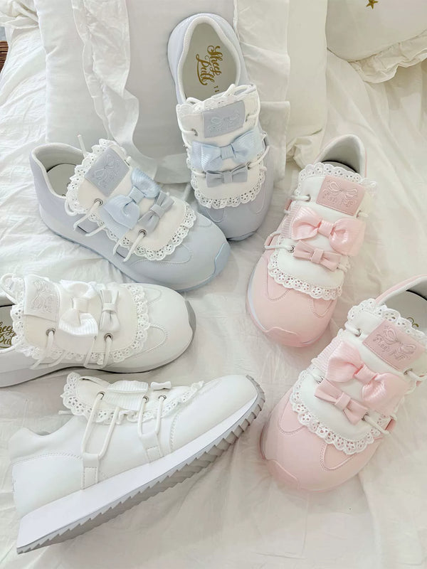Sheep Puff Thousand Bow Lolita Sneakers featuring cute sheep puff design, white shoes with colorful bows and playful style.