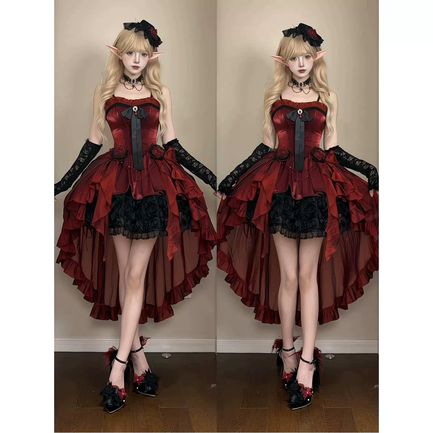 Creamy - Gothic Rose - Red JSK with a Bow and Large Train