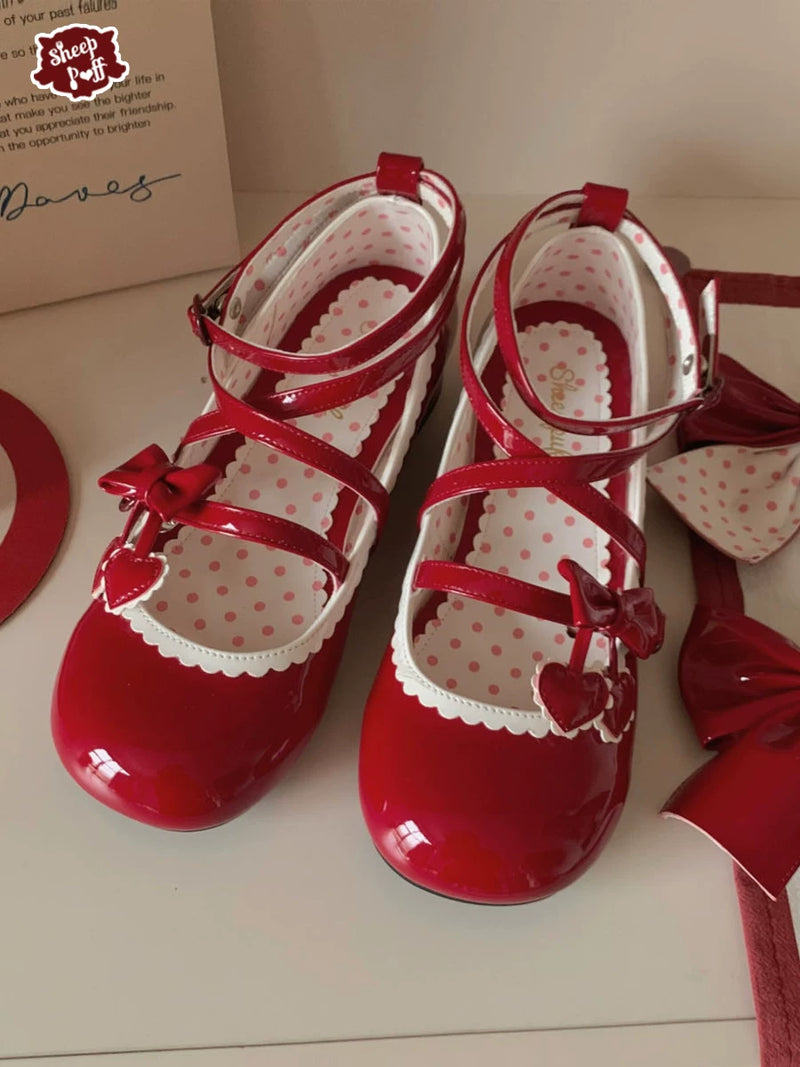 Sheep Puff Little Cherry low heel Lolita shoes featuring a cute sheep puff design and charming cherry accents on black shoes