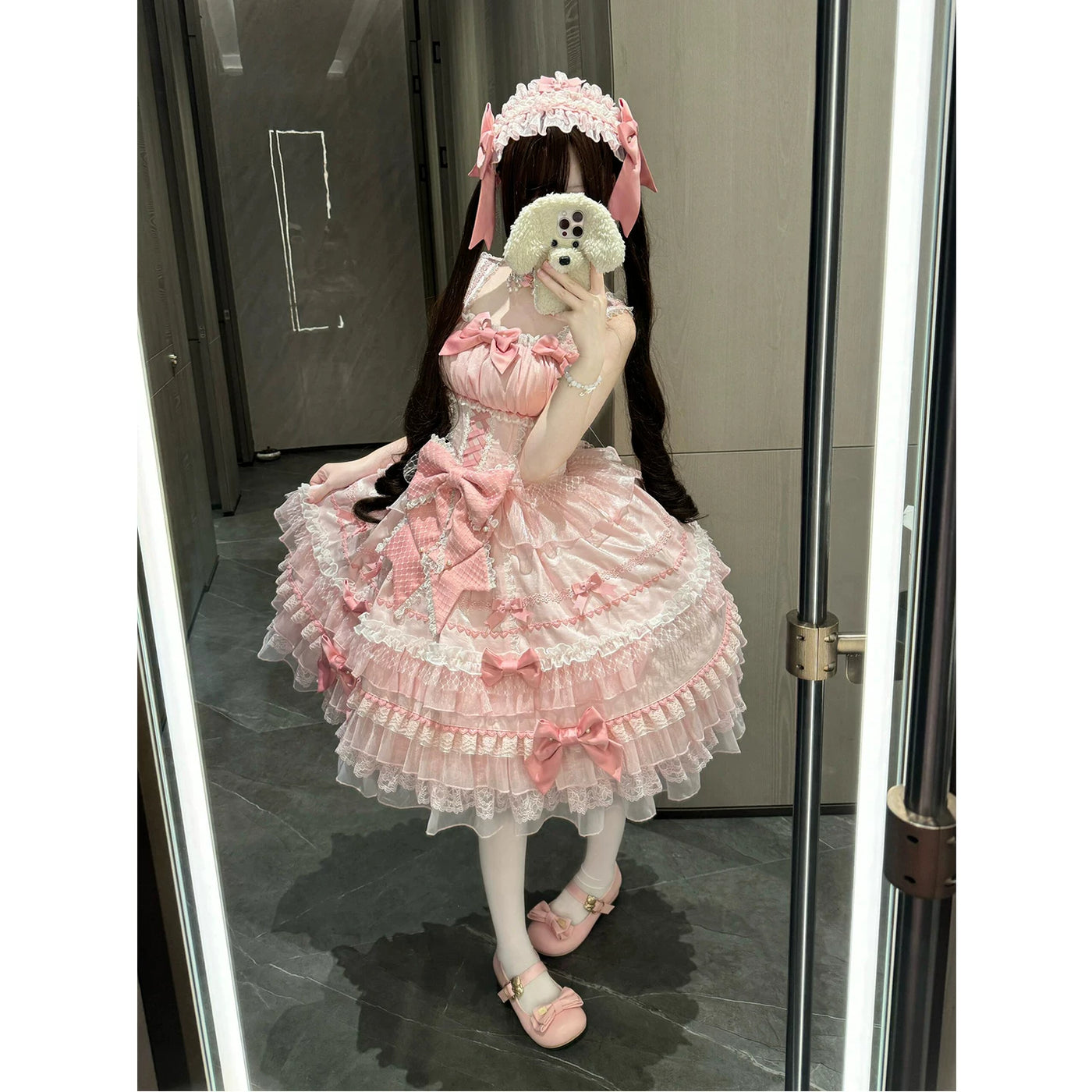 Creamy - Pink Ballet - Pink JSK Dress with Layered Lace and Bow Tiers