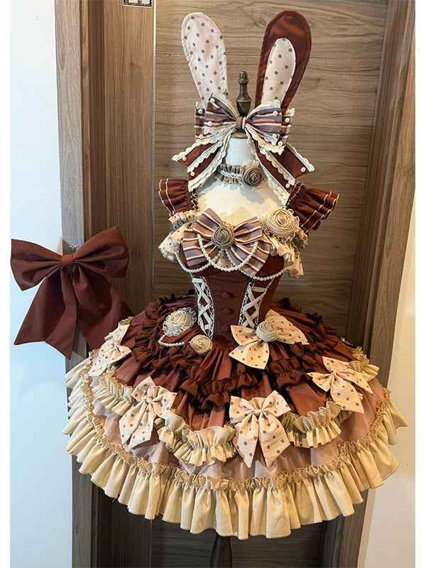 Creamy chocolate brown JSK dress set with rabbit-ear headwear and layered ruffles