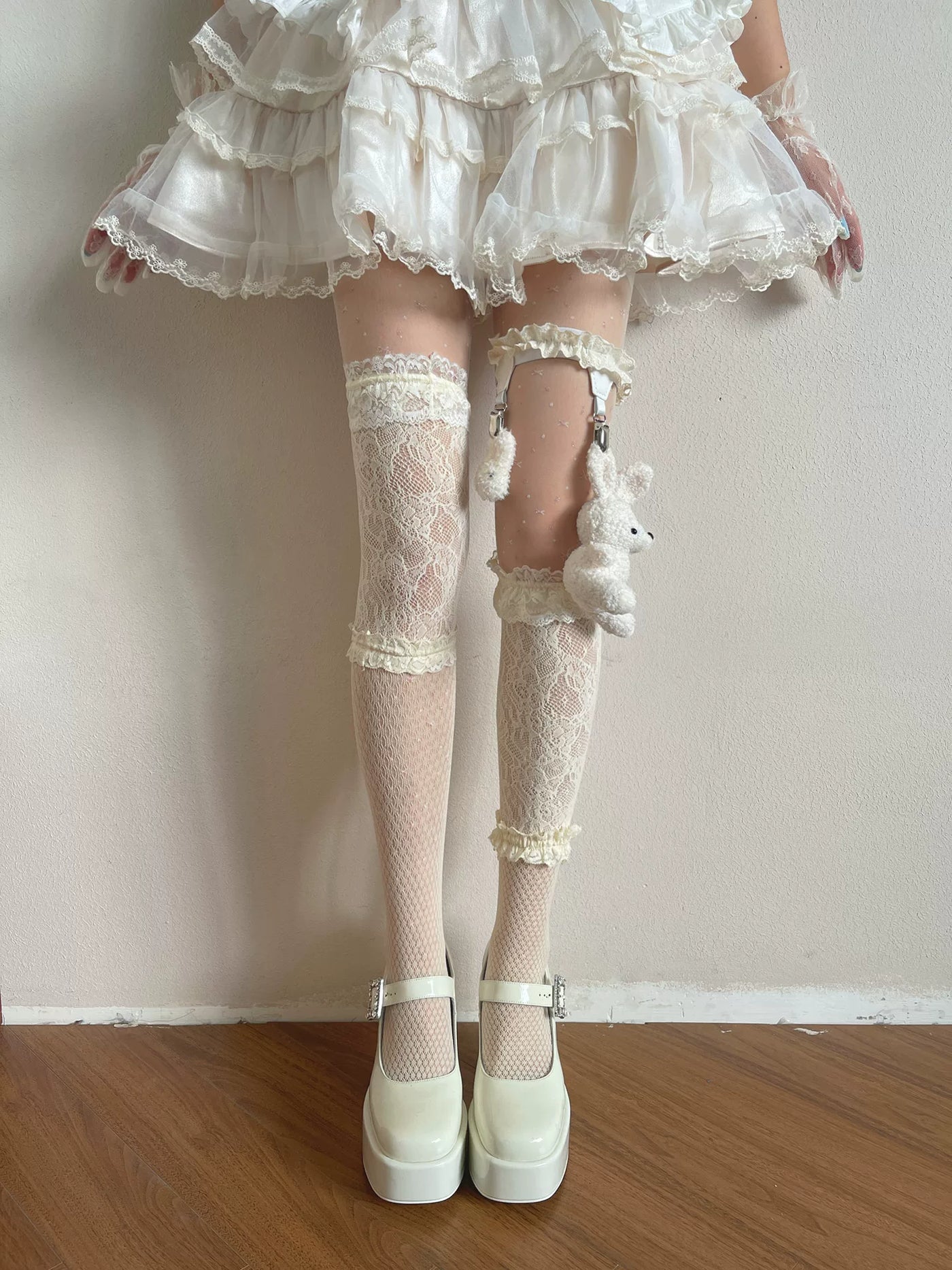 Sock Noble - Big-Eared Rabbit - Beige Tights and Lace Stockings with Rabbit Leg Ring