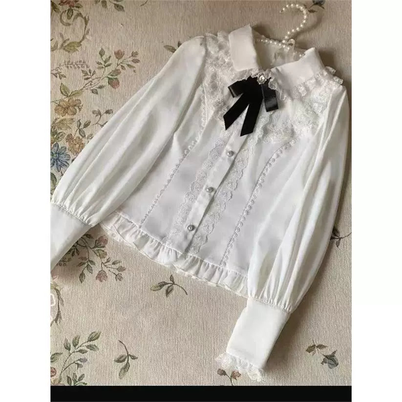 Sweetheart Dream Machine - Lace Ruffle Inner - Long-Sleeve Blouse with a Lace-Trimmed Collar