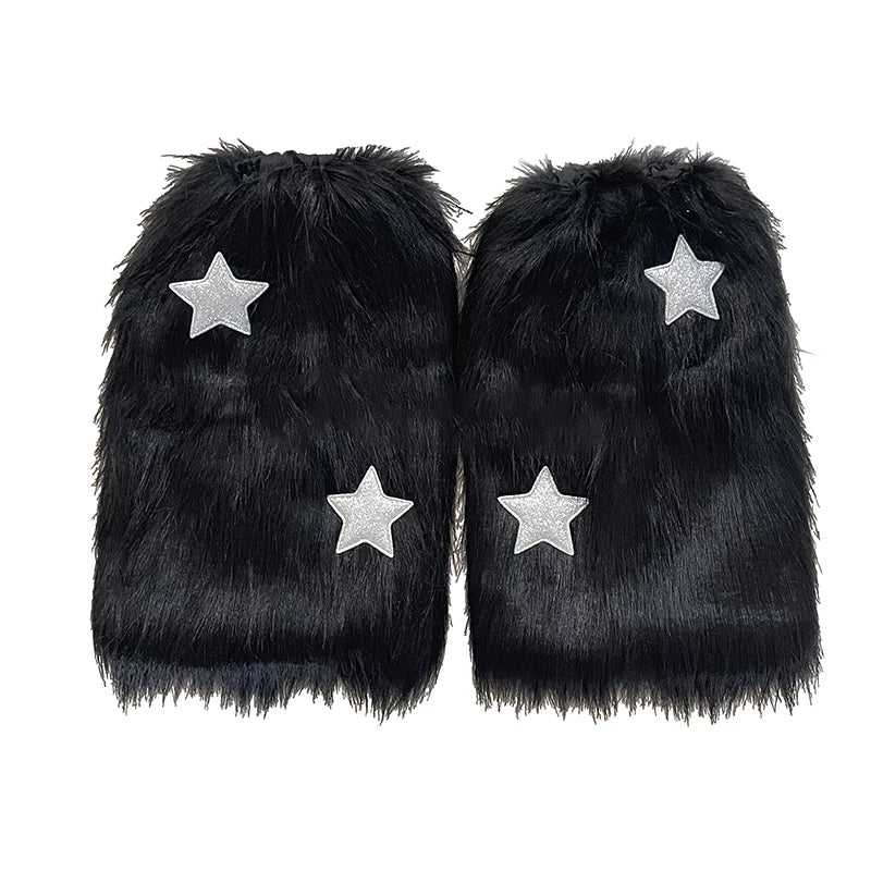 Black furry leg covers with silver star details shown as an isolated pair on white.
