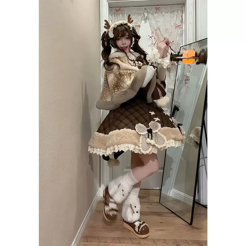 Creamy - Woodland Deer - OP Dress, Inner Layer and Cape Set with Checked Skirt